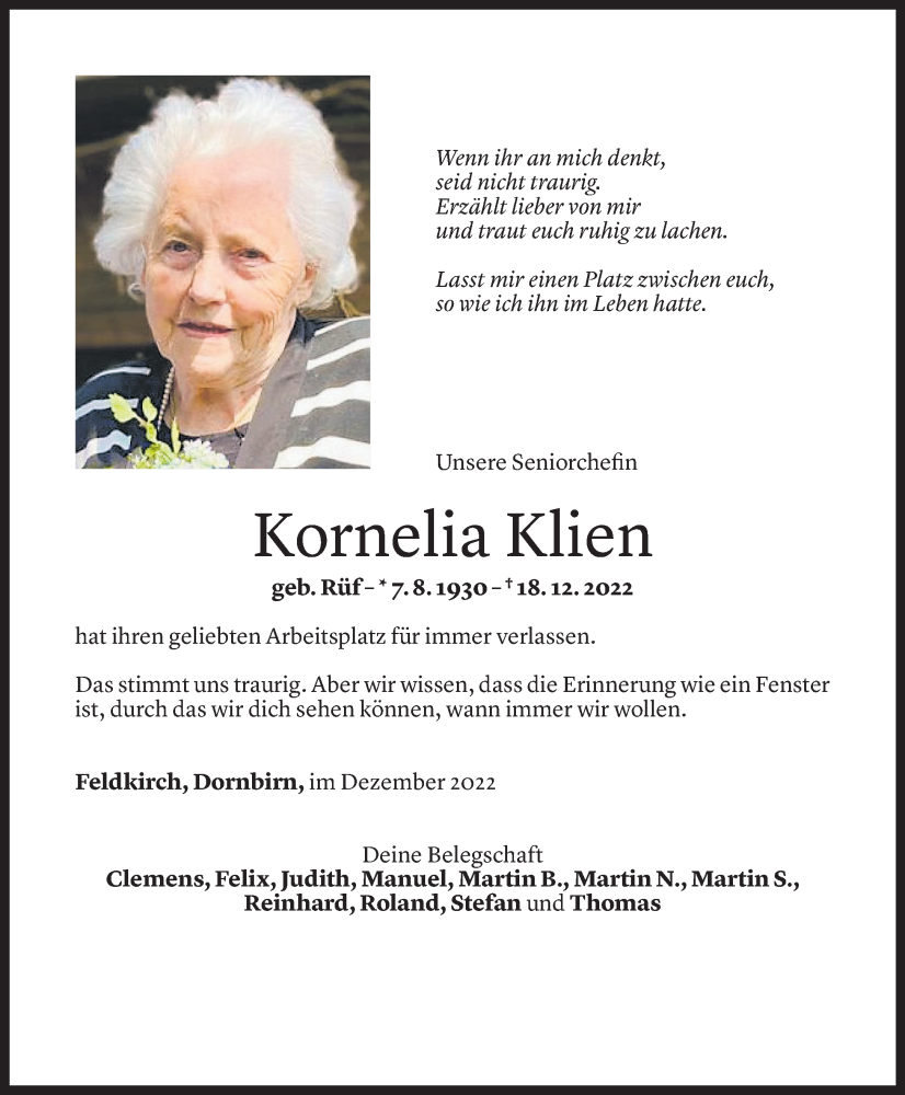  Todesanzeige für Kornelia Klien vom 21.12.2022 aus Vorarlberger Nachrichten
