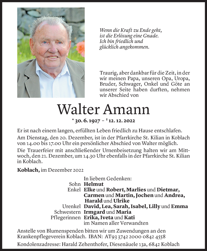  Todesanzeige für Walter Amann vom 17.12.2022 aus Vorarlberger Nachrichten