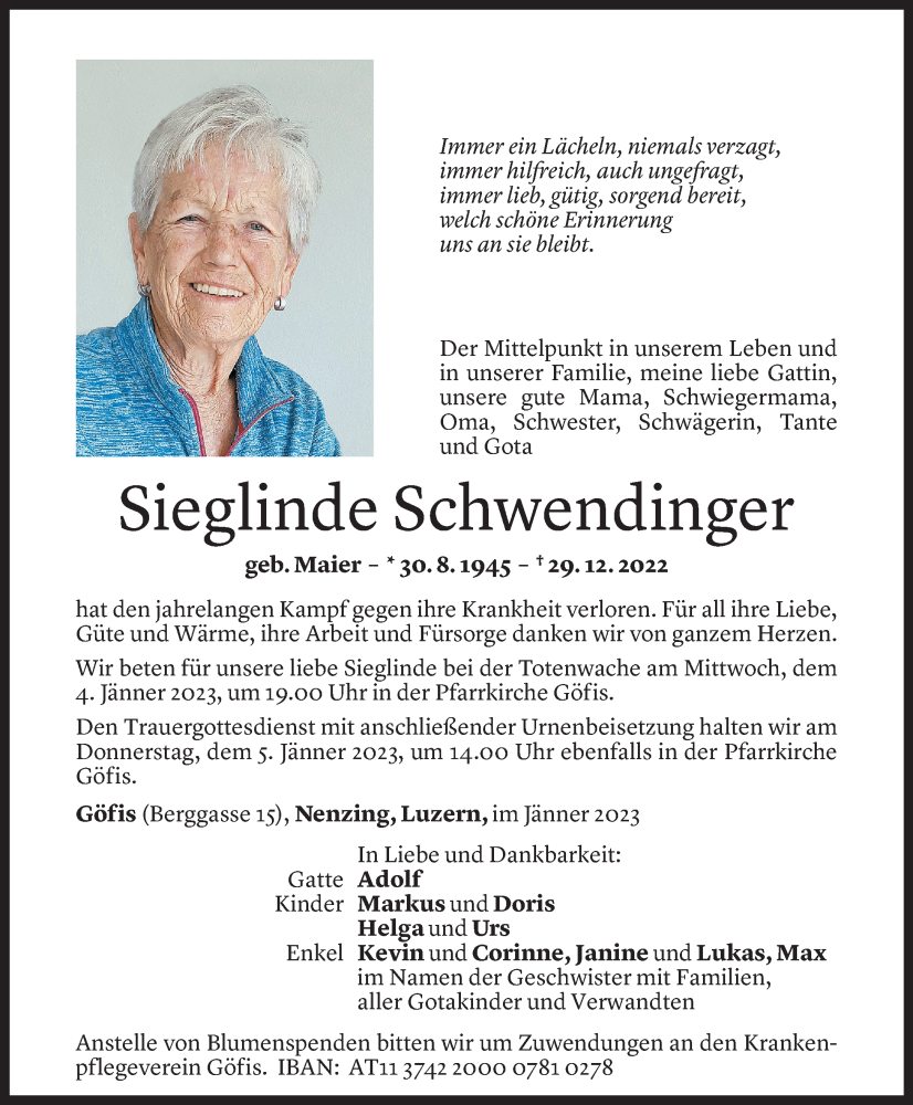  Todesanzeige für Sieglinde Schwendinger vom 02.01.2023 aus Vorarlberger Nachrichten