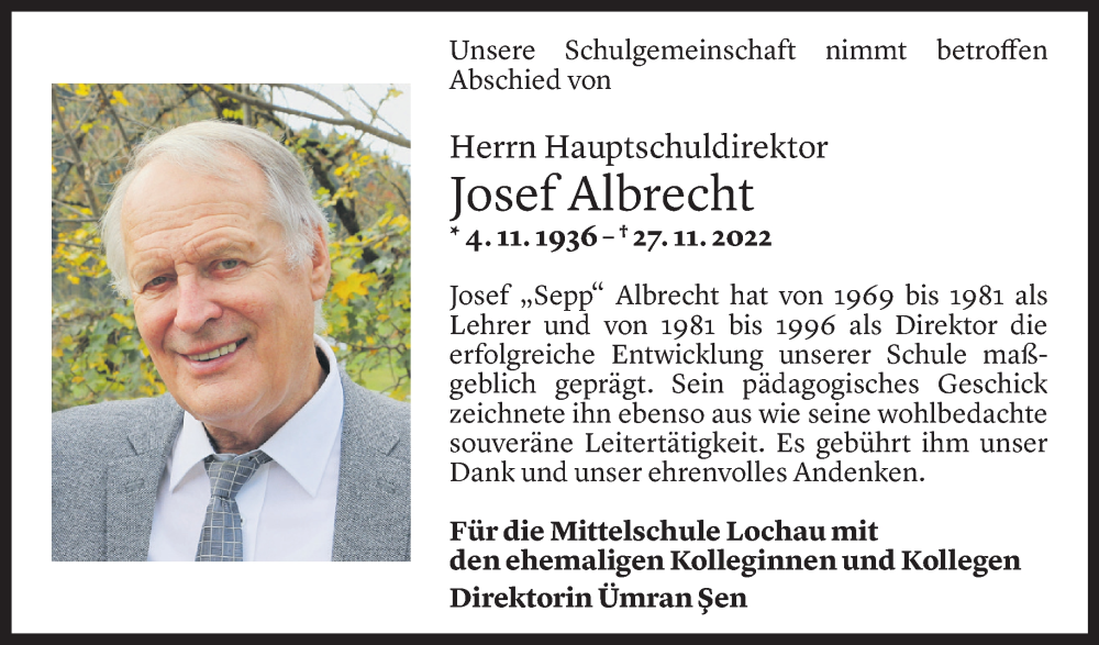  Todesanzeige für Josef Albrecht vom 01.12.2022 aus Vorarlberger Nachrichten