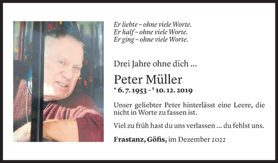 Todesanzeige von Peter Müller von Vorarlberger Nachrichten