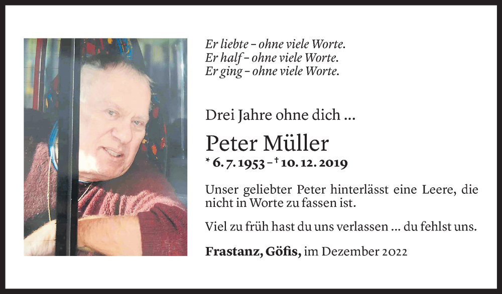  Todesanzeige für Peter Müller vom 09.12.2022 aus Vorarlberger Nachrichten