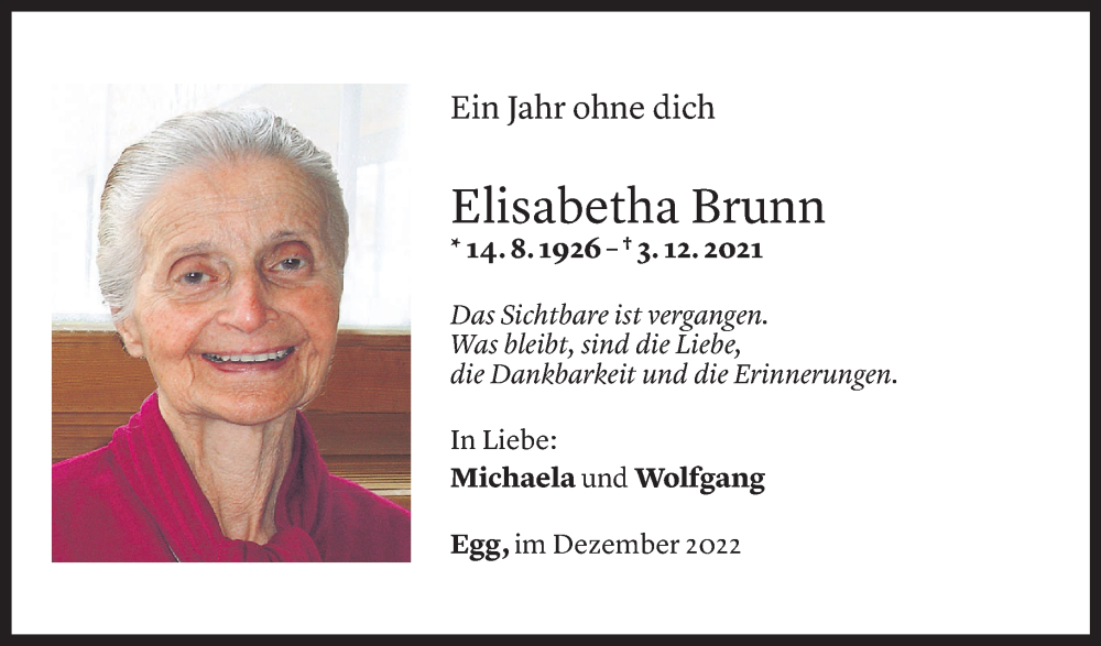  Todesanzeige für Elisabetha Brunn vom 04.12.2022 aus Vorarlberger Nachrichten