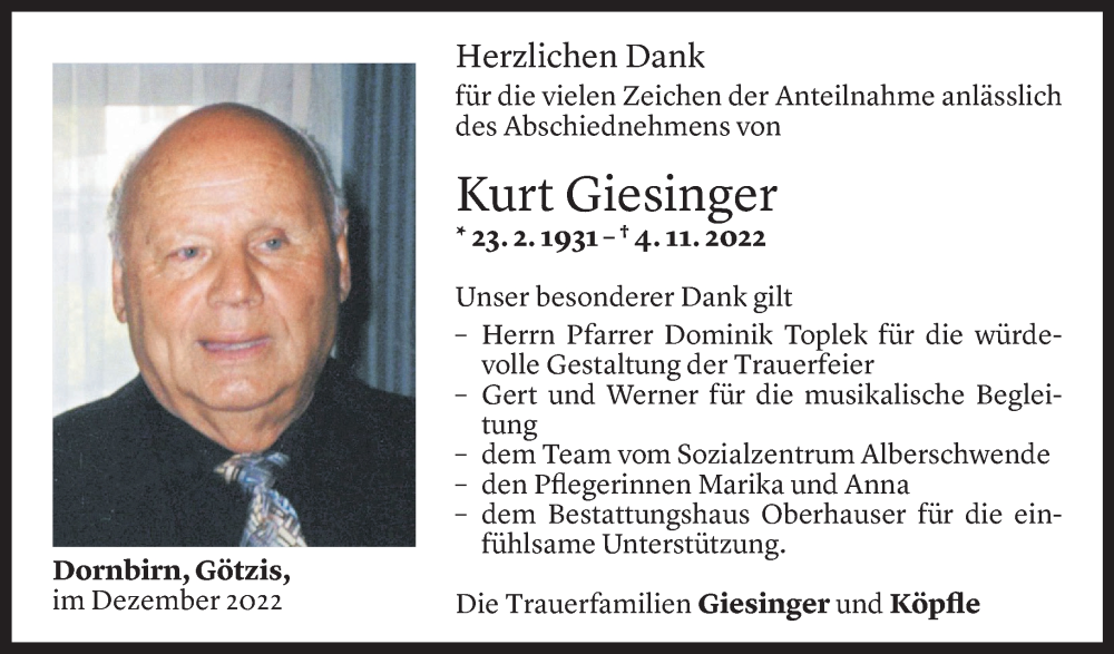  Todesanzeige für Kurt Giesinger vom 30.12.2022 aus Vorarlberger Nachrichten