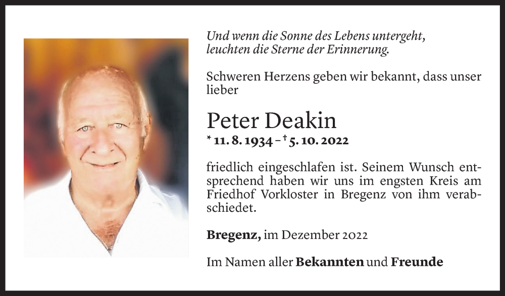  Todesanzeige für Peter Deakin vom 20.12.2022 aus Vorarlberger Nachrichten