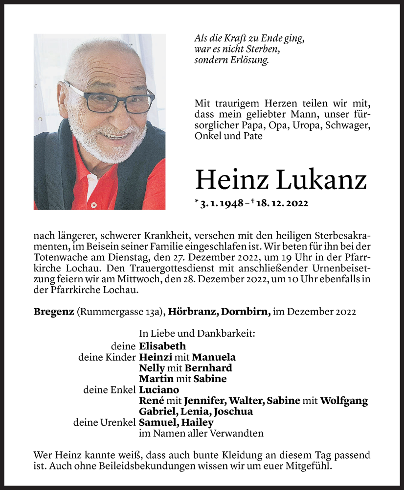  Todesanzeige für Heinz Lukanz vom 23.12.2022 aus Vorarlberger Nachrichten