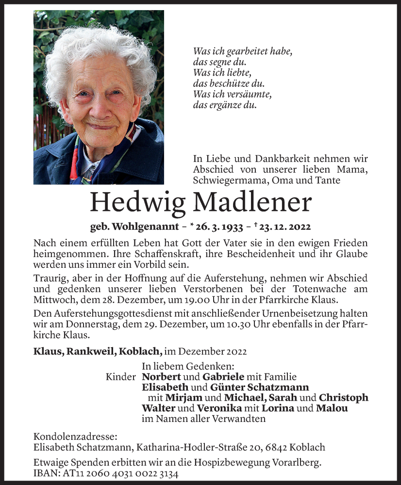  Todesanzeige für Hedwig Madlener vom 27.12.2022 aus Vorarlberger Nachrichten
