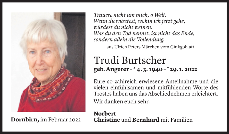  Todesanzeige für Trudi Burtscher vom 24.02.2022 aus Vorarlberger Nachrichten