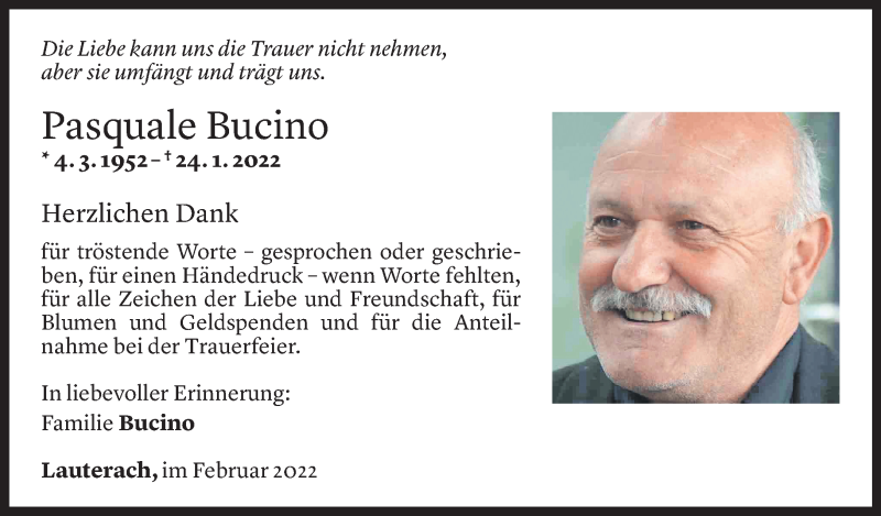  Todesanzeige für Pasquale Bucino vom 19.02.2022 aus Vorarlberger Nachrichten