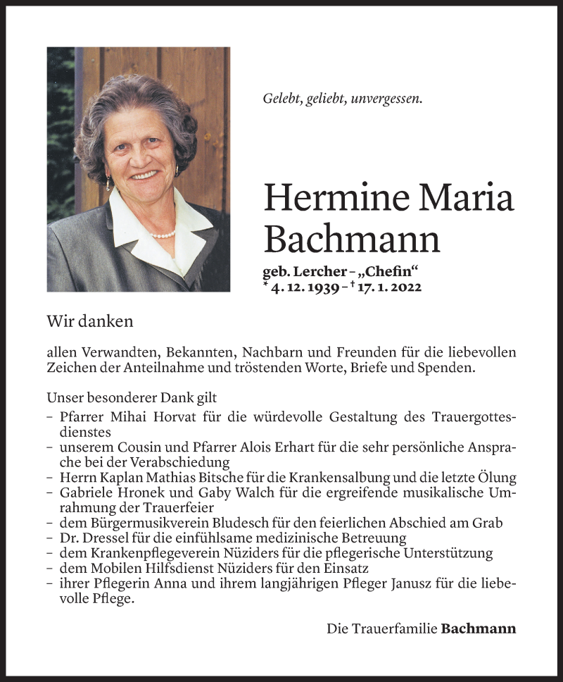  Todesanzeige für Hermine Maria Bachmann vom 04.02.2022 aus Vorarlberger Nachrichten