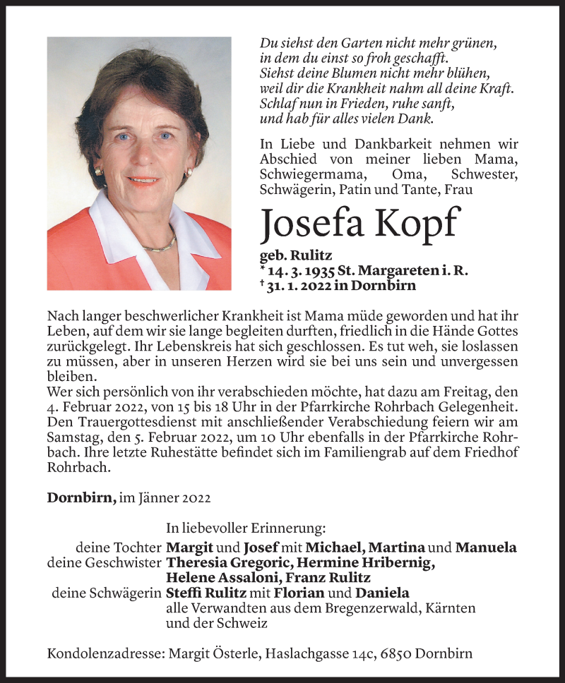  Todesanzeige für Josefa Kopf vom 01.02.2022 aus Vorarlberger Nachrichten