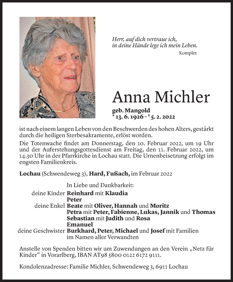  Todesanzeige für Anna Michler vom 08.02.2022 aus Vorarlberger Nachrichten