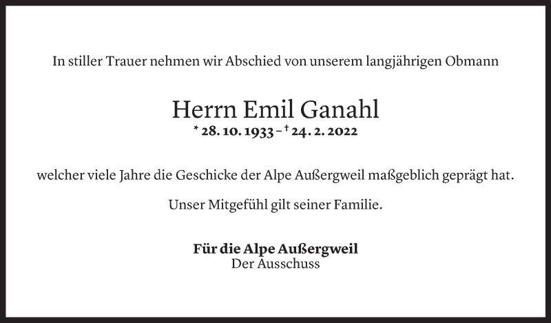  Todesanzeige für Emil Ganahl vom 28.02.2022 aus Vorarlberger Nachrichten