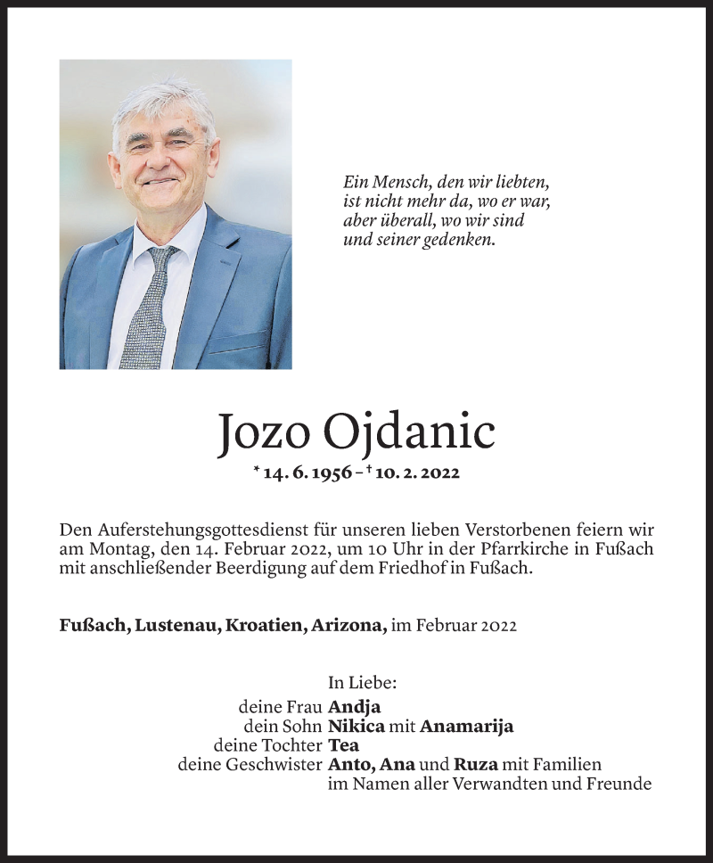  Todesanzeige für Jozo Ojdanic vom 11.02.2022 aus Vorarlberger Nachrichten