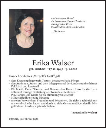 Todesanzeige von Erika Walser von Vorarlberger Nachrichten