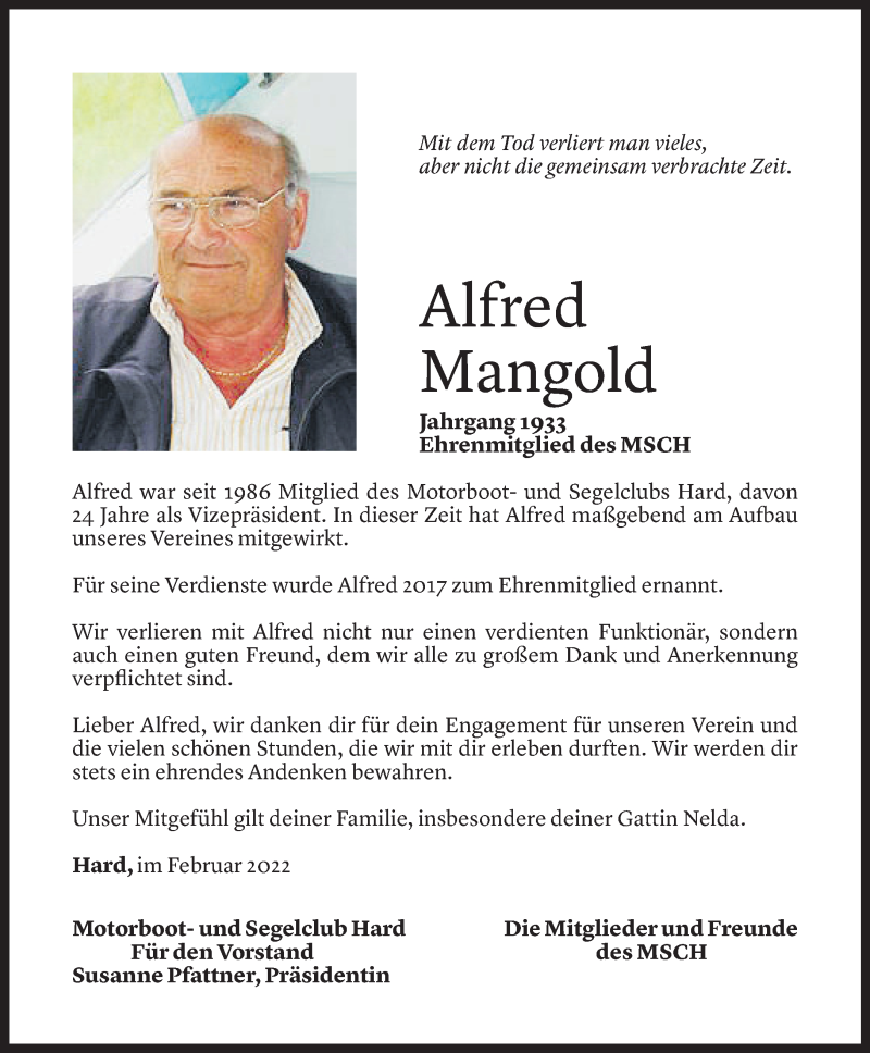  Todesanzeige für Alfred Mangold vom 08.02.2022 aus Vorarlberger Nachrichten