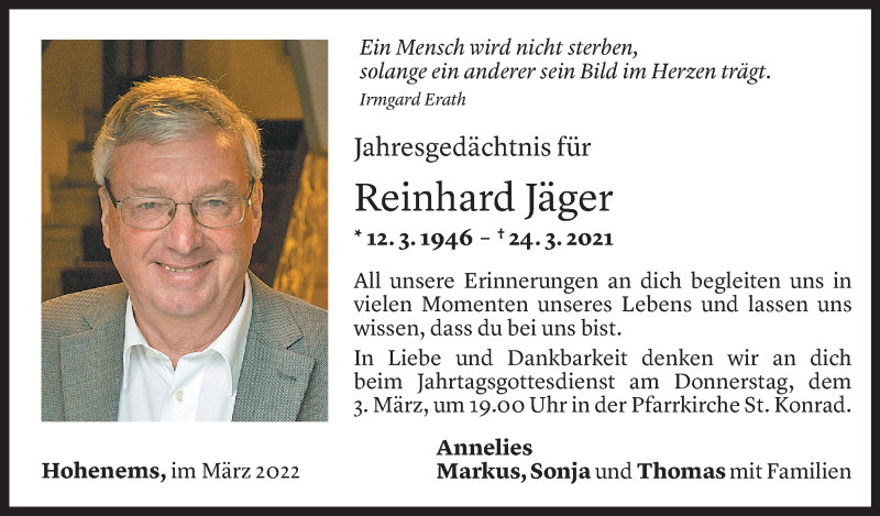  Todesanzeige für Reinhard Jäger vom 01.03.2022 aus Vorarlberger Nachrichten