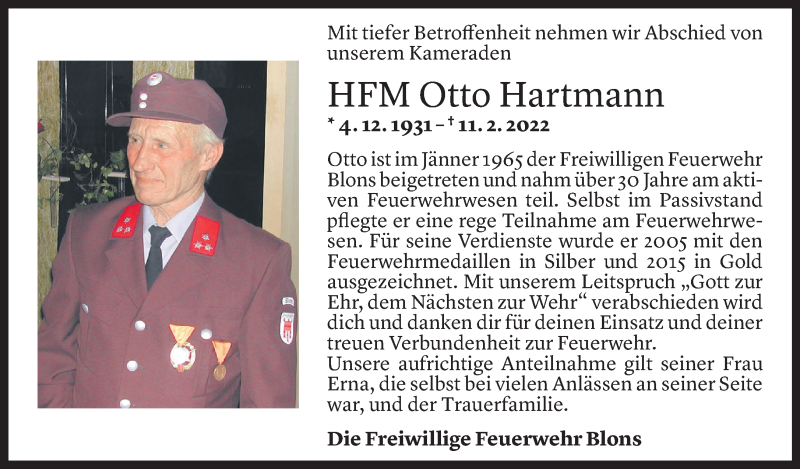  Todesanzeige für Otto Hartmann vom 14.02.2022 aus Vorarlberger Nachrichten