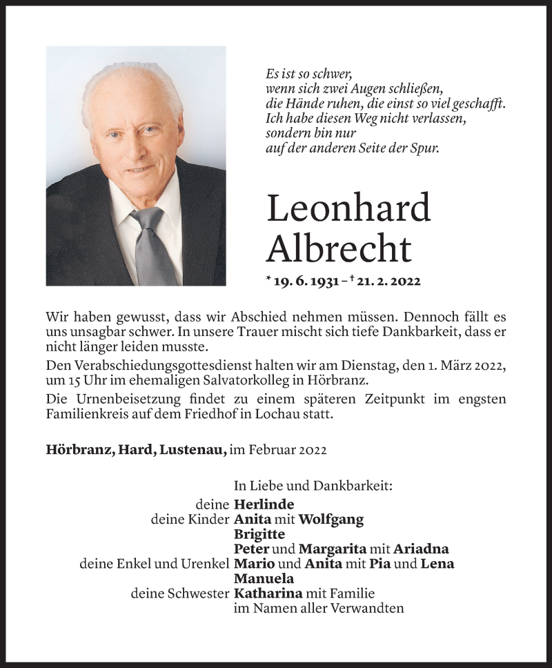  Todesanzeige für Leonhard Albrecht vom 25.02.2022 aus Vorarlberger Nachrichten