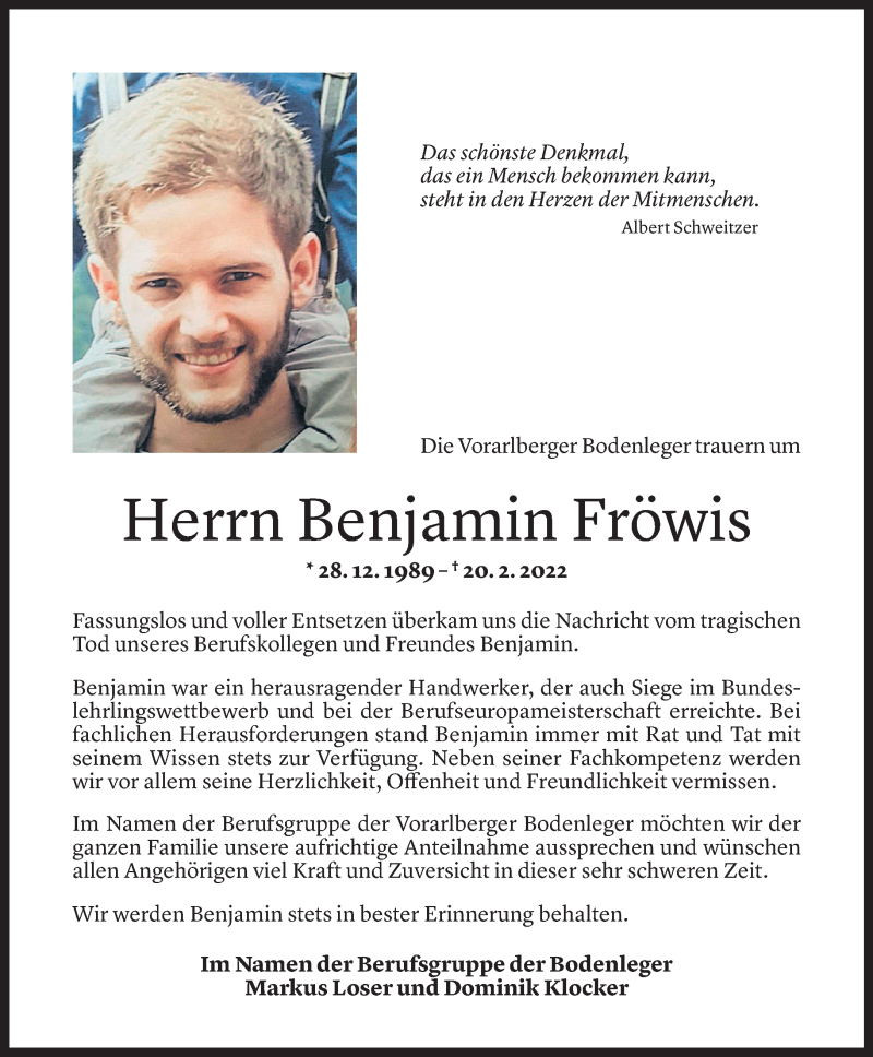  Todesanzeige für Benjamin Fröwis vom 22.02.2022 aus Vorarlberger Nachrichten