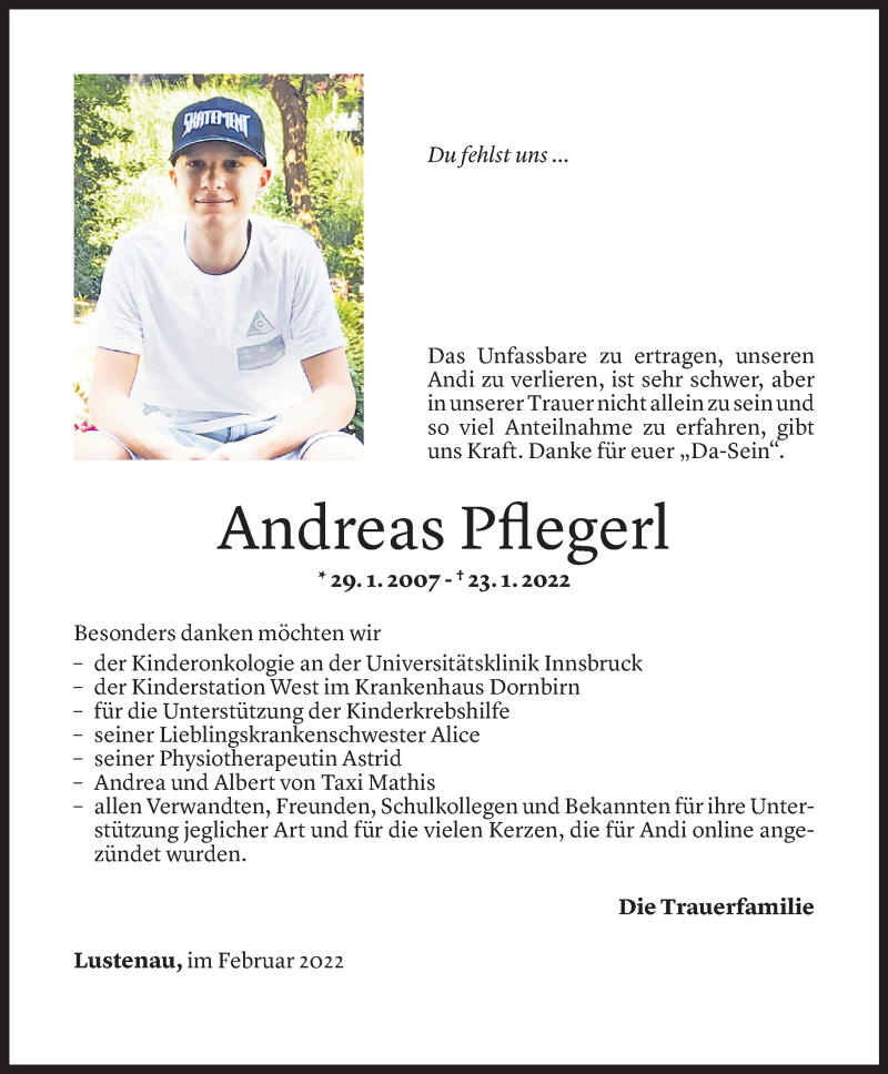  Todesanzeige für Andreas Pflegerl vom 18.02.2022 aus Vorarlberger Nachrichten