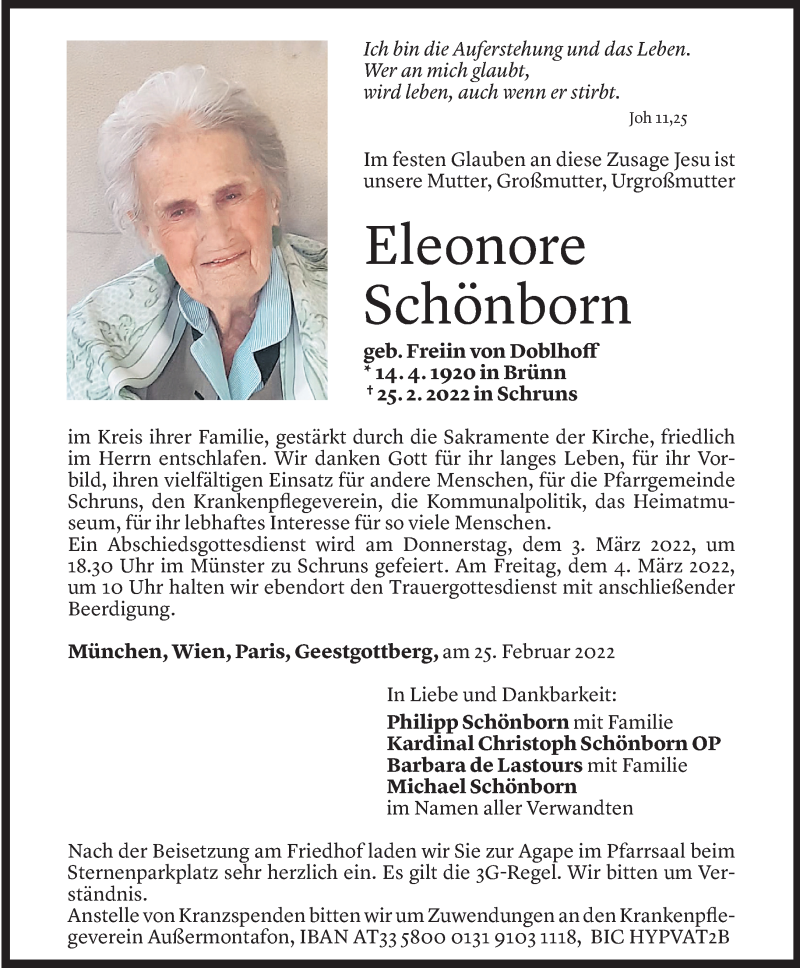  Todesanzeige für Eleonore Schönborn vom 28.02.2022 aus Vorarlberger Nachrichten