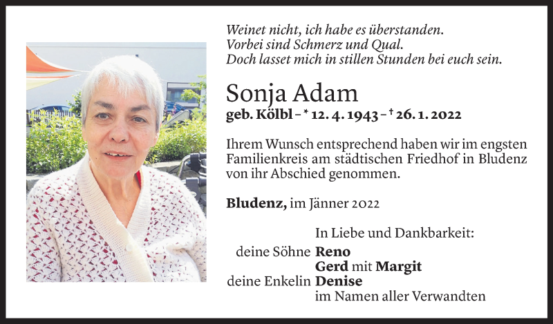  Todesanzeige für Sonja Adam vom 04.02.2022 aus Vorarlberger Nachrichten