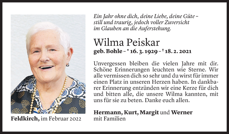 Todesanzeige für Wilma Peiskar vom 17.02.2022 aus Vorarlberger Nachrichten