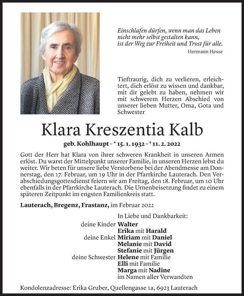  Todesanzeige für Klara Kreszentia Kalb vom 14.02.2022 aus Vorarlberger Nachrichten