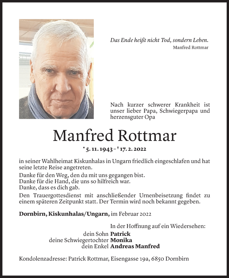  Todesanzeige für Manfred Rottmar vom 25.02.2022 aus Vorarlberger Nachrichten