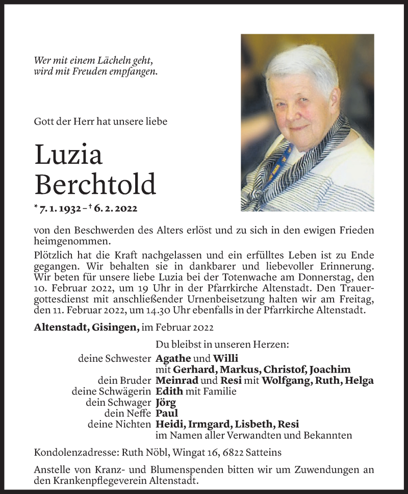  Todesanzeige für Luzia Berchtold vom 08.02.2022 aus Vorarlberger Nachrichten