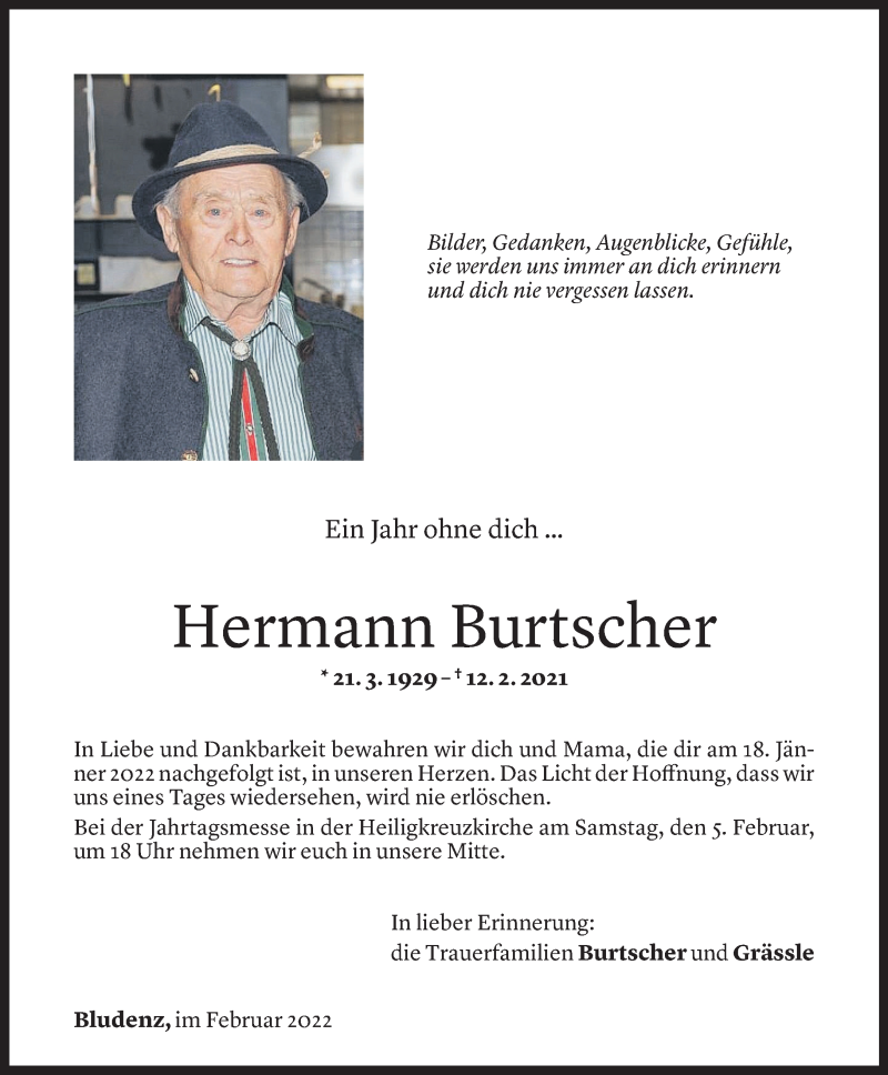  Todesanzeige für Hermann Burtscher vom 04.02.2022 aus Vorarlberger Nachrichten