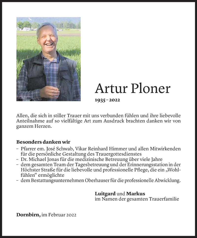  Todesanzeige für Artur Ploner vom 18.02.2022 aus Vorarlberger Nachrichten