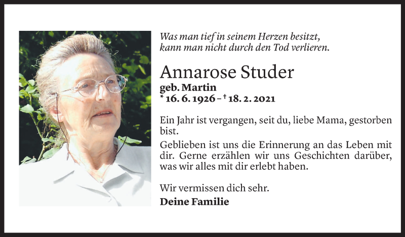  Todesanzeige für Annarose Studer vom 18.02.2022 aus Vorarlberger Nachrichten