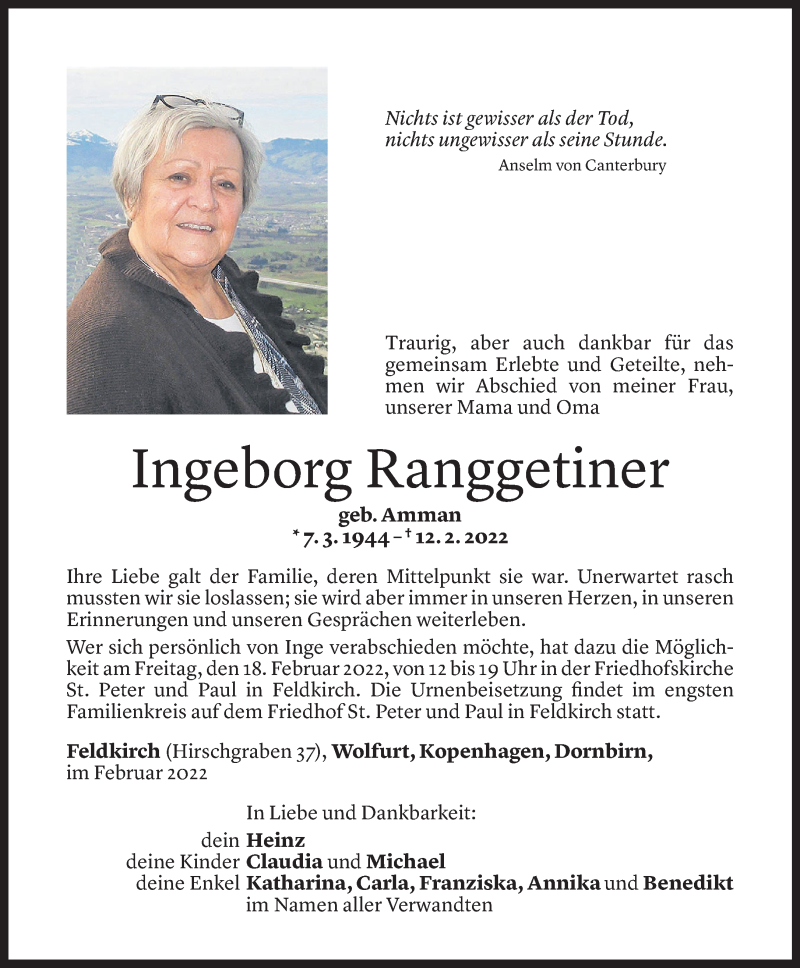  Todesanzeige für Ingeborg Ranggetiner vom 16.02.2022 aus Vorarlberger Nachrichten
