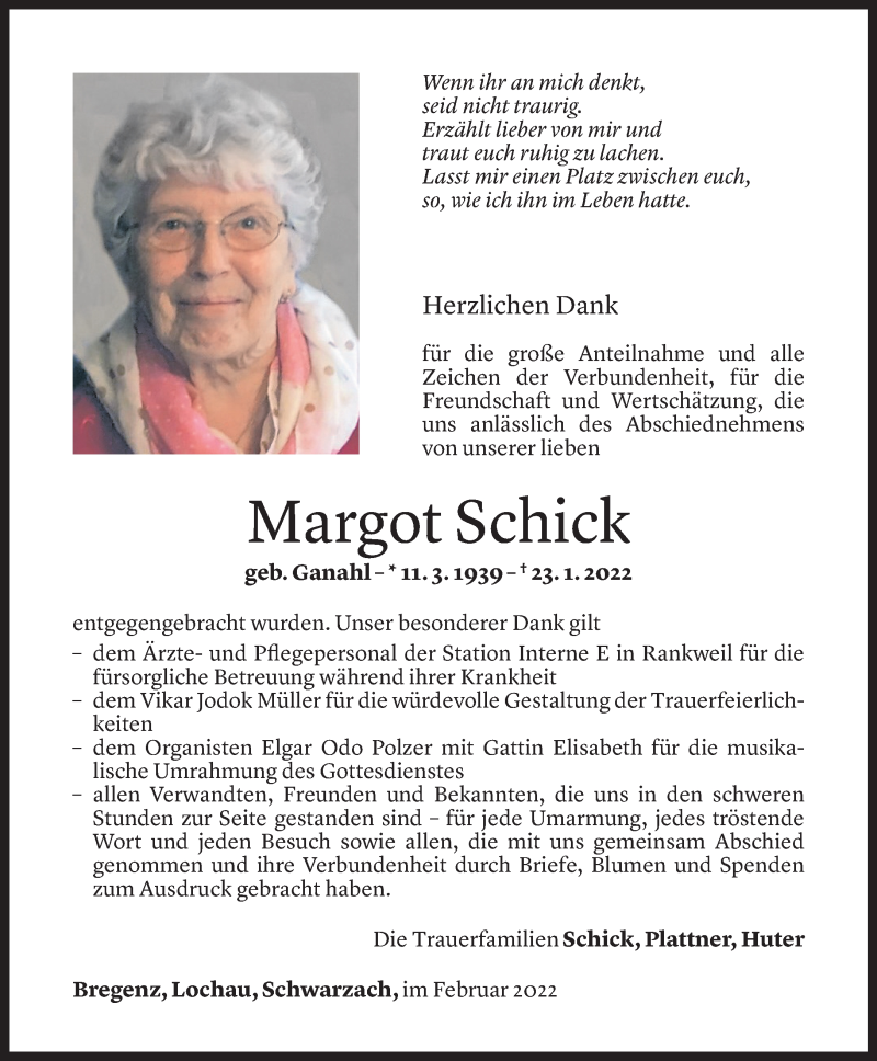  Todesanzeige für Margot Schick vom 18.02.2022 aus Vorarlberger Nachrichten