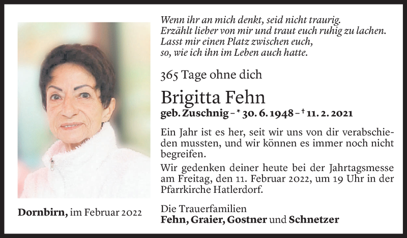  Todesanzeige für Brigitta Fehn vom 10.02.2022 aus Vorarlberger Nachrichten