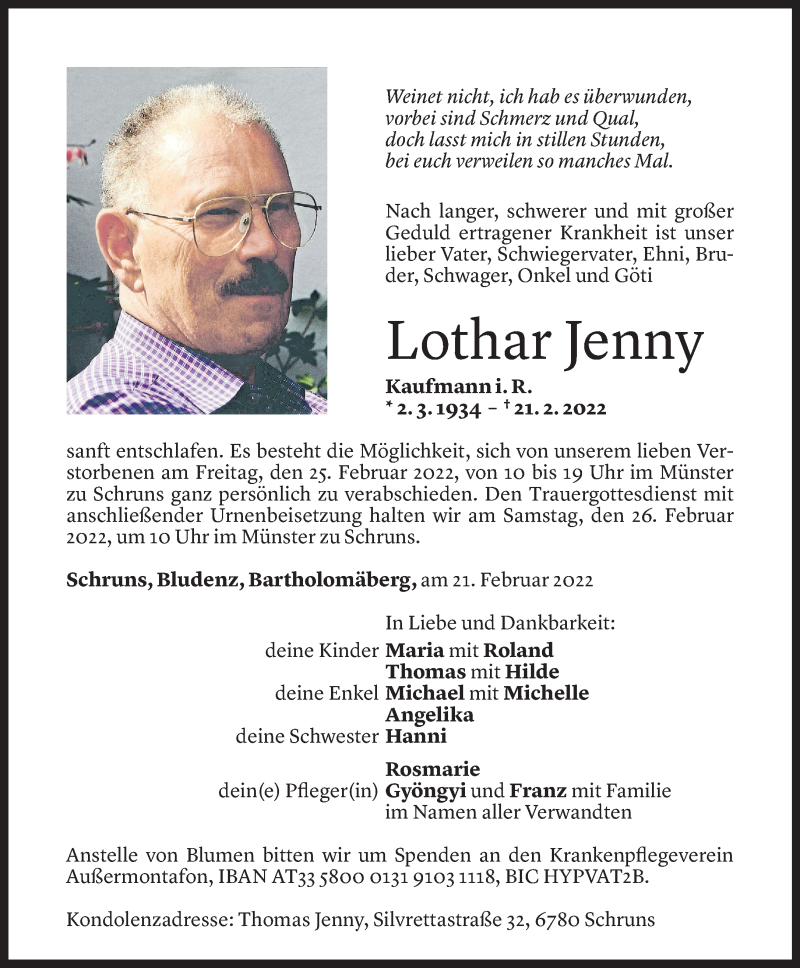  Todesanzeige für Lothar Jenny vom 22.02.2022 aus Vorarlberger Nachrichten