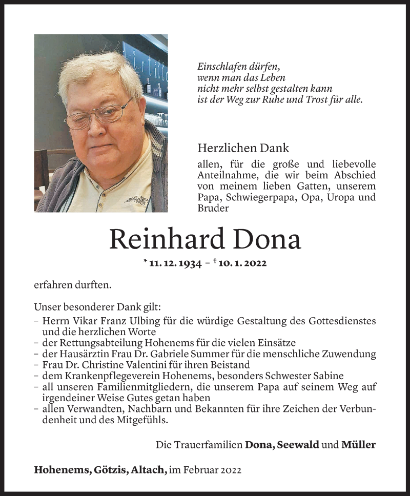  Todesanzeige für Reinhard Dona vom 12.02.2022 aus Vorarlberger Nachrichten