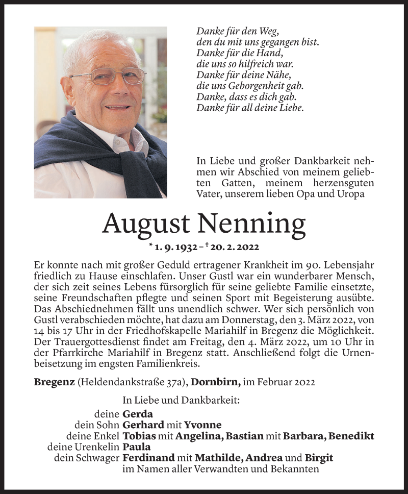  Todesanzeige für August Nenning vom 27.02.2022 aus Vorarlberger Nachrichten