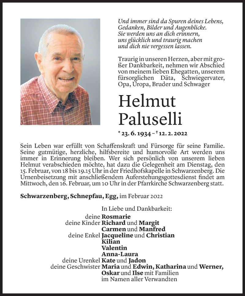  Todesanzeige für Helmut Paluselli vom 13.02.2022 aus Vorarlberger Nachrichten