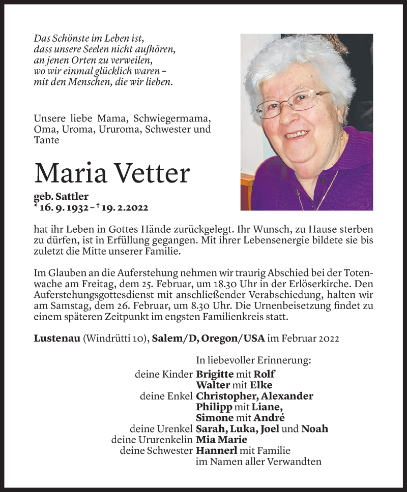 Todesanzeige für Maria Vetter vom 22.02.2022 aus Vorarlberger Nachrichten