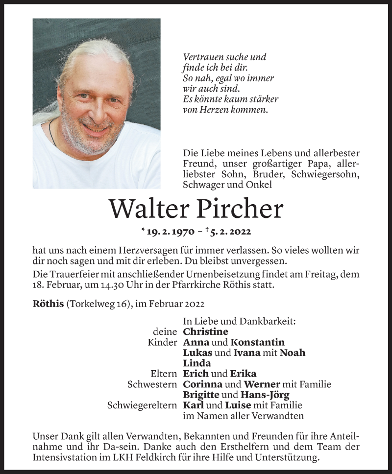  Todesanzeige für Walter Pircher vom 15.02.2022 aus Vorarlberger Nachrichten