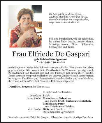 Todesanzeige von Elfriede De Gaspari von Vorarlberger Nachrichten