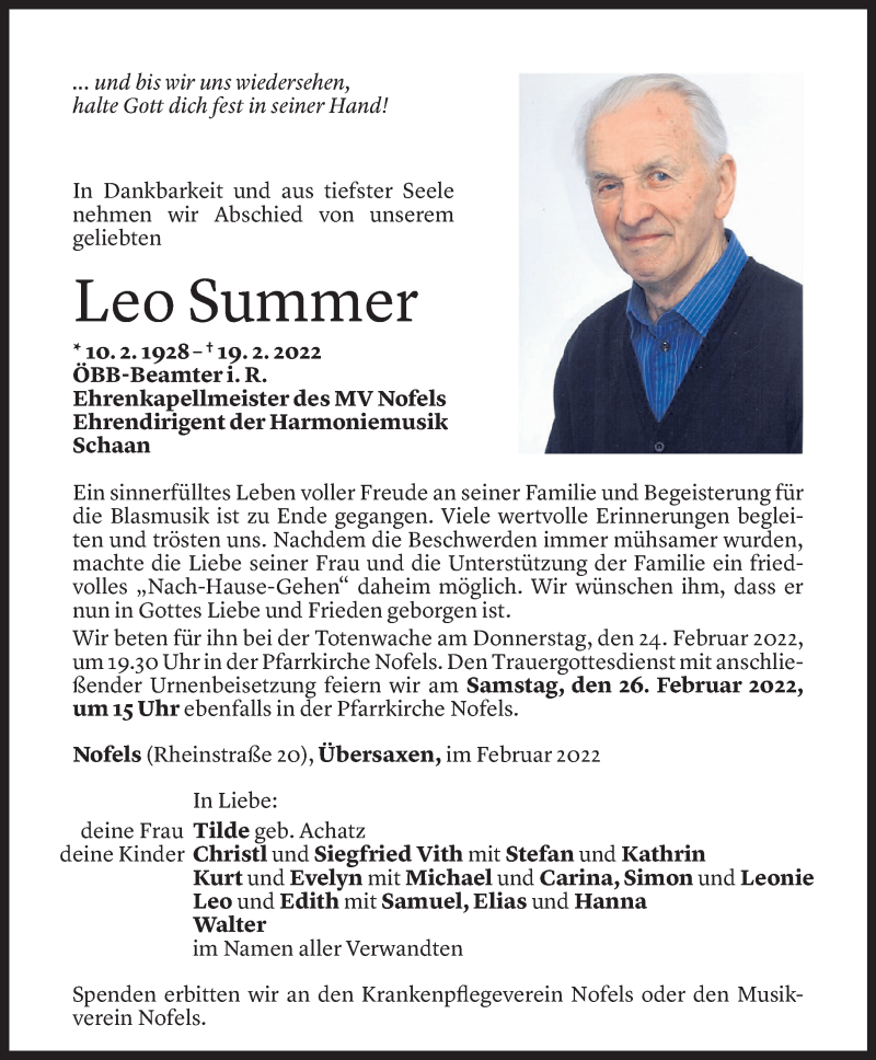  Todesanzeige für Leo Summer vom 22.02.2022 aus Vorarlberger Nachrichten