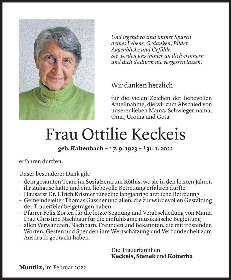  Todesanzeige für Ottilie Keckeis vom 23.02.2022 aus vorarlberger nachrichten