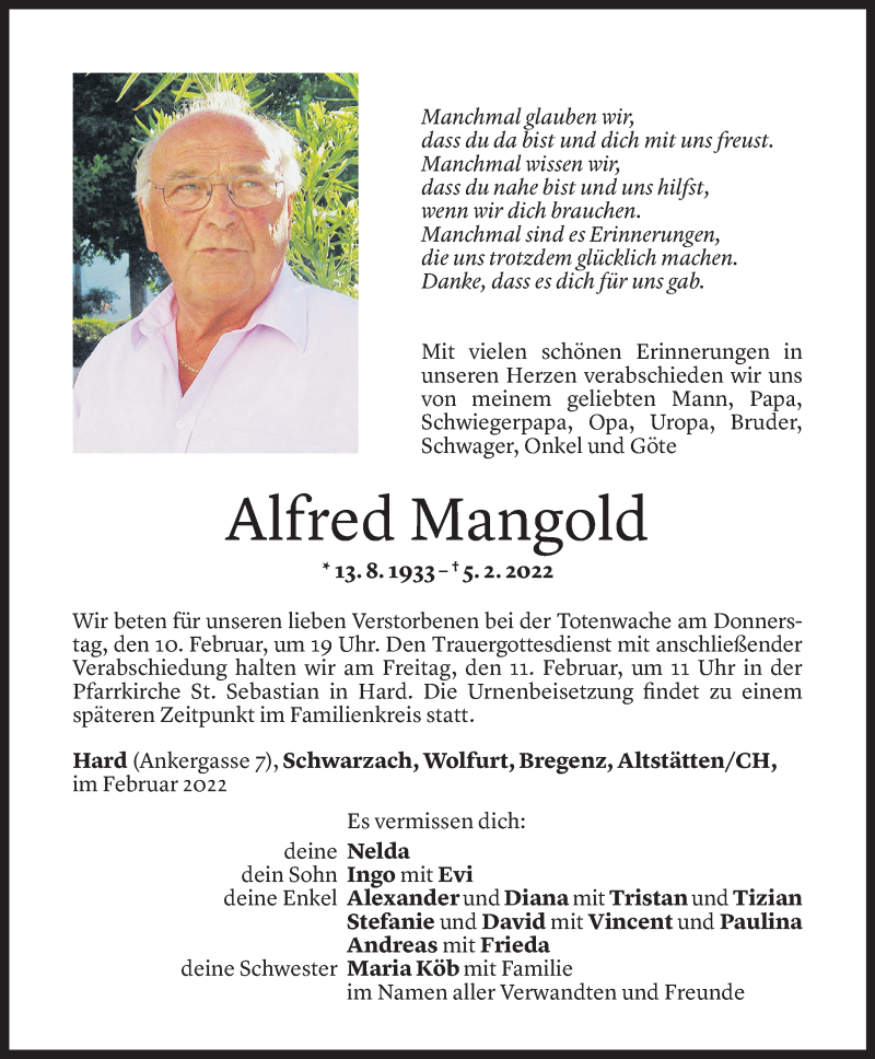  Todesanzeige für Alfred Mangold vom 08.02.2022 aus Vorarlberger Nachrichten