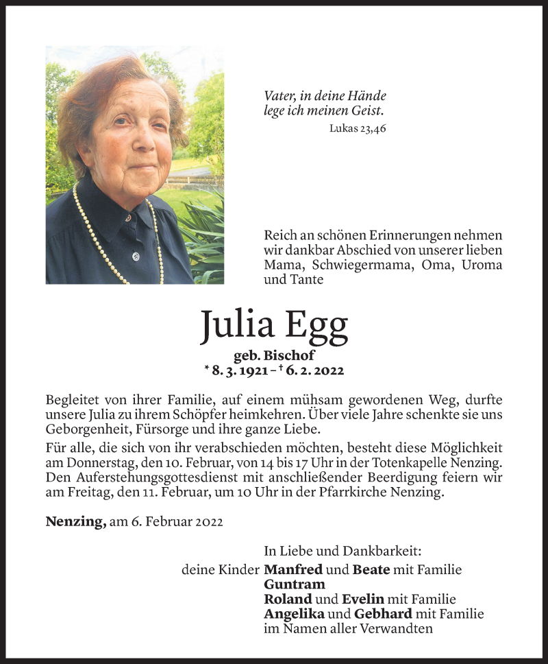 Todesanzeigen von Julia Egg | Todesanzeigen Vorarlberger Nachrichten