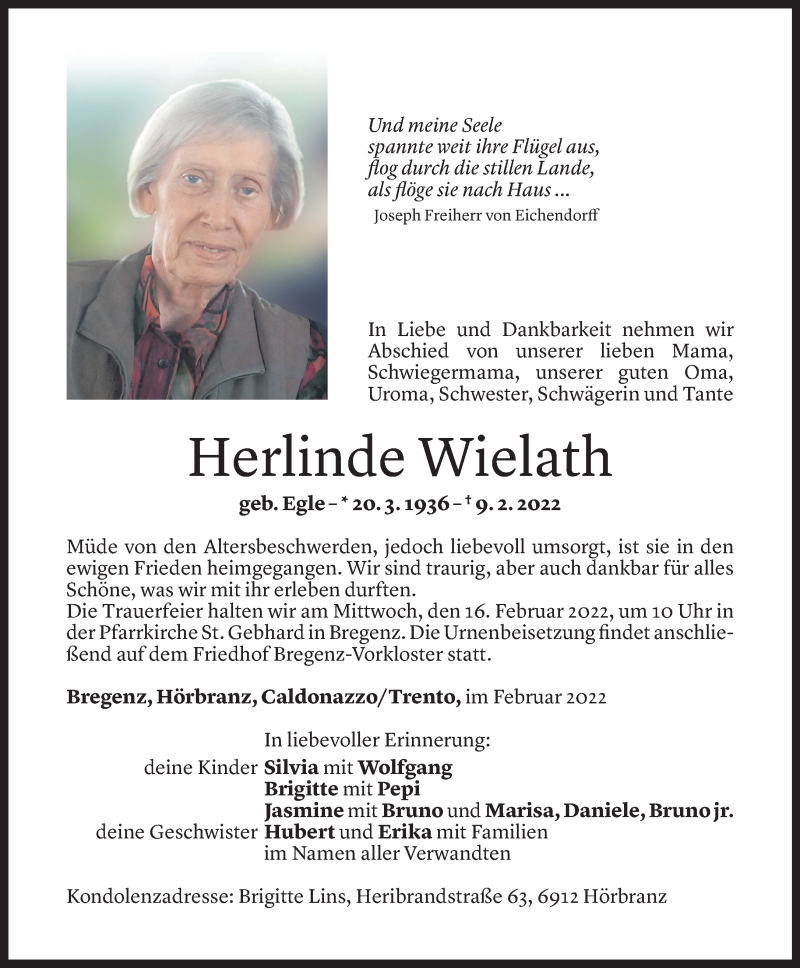  Todesanzeige für Herlinde Wielath vom 11.02.2022 aus Vorarlberger Nachrichten