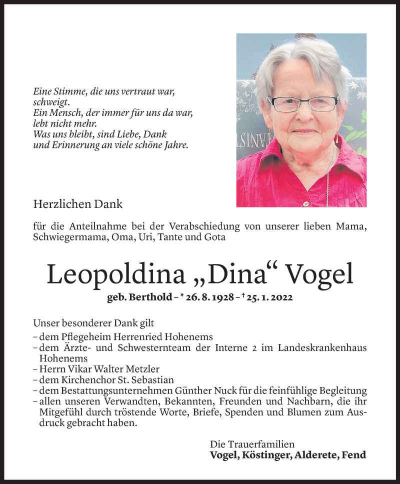  Todesanzeige für Leopoldina Vogel vom 10.02.2022 aus Vorarlberger Nachrichten